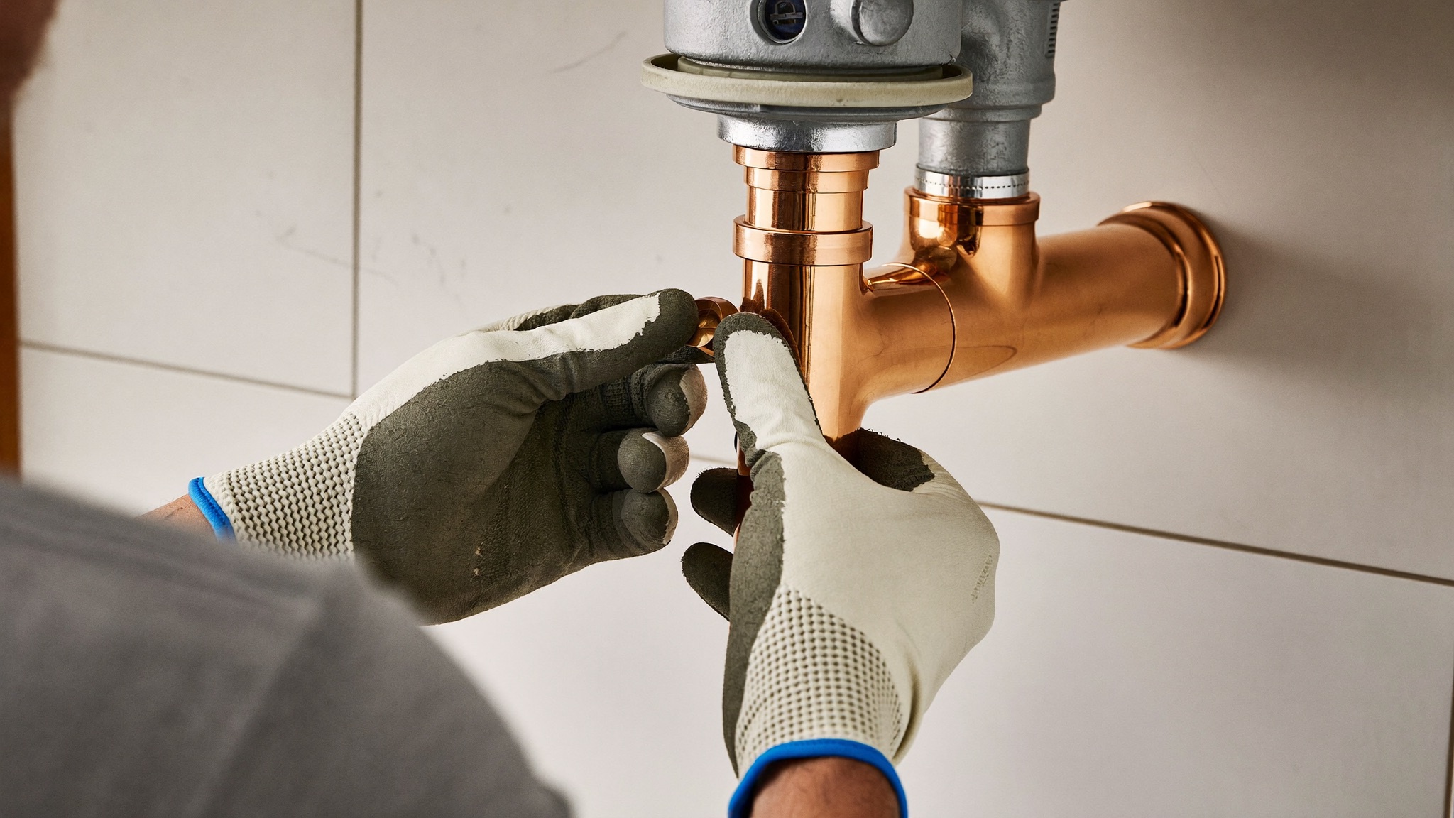A plumber's gloved hands fitting bright polished copper pipe