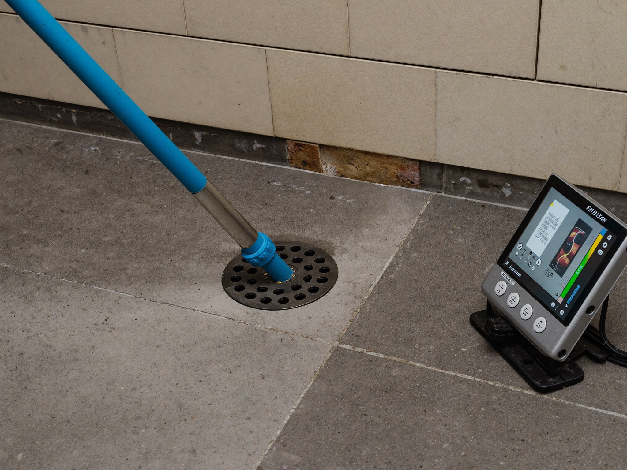 Drain cleaning equipment and a sewer inspection camera in a basement