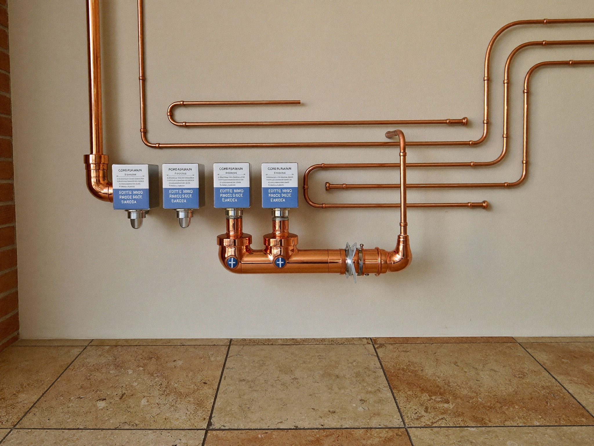 A clean new copper repipe manifold on a basement wall
